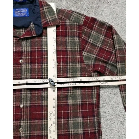 Pendleton Red Green Brown Plaid Virgin Wool Flannel Shirt Elbow Patch Mens M - Picture 15 of 16
